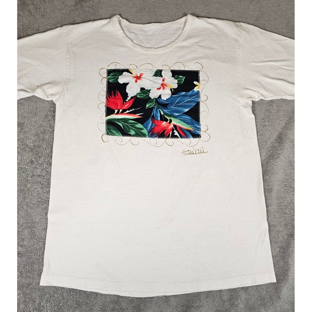 Vintage Hawaii Tropical Floral Graphic T-Shirt Single Stitch White‎ Small